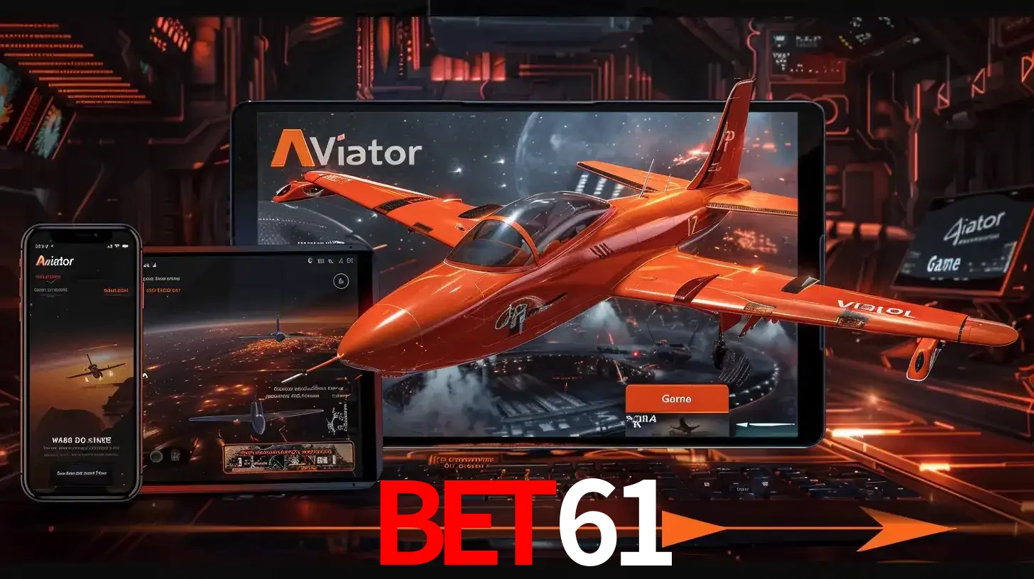 Apresentação tecnológica do jogo Aviator com um avião saindo da tela de um tablet, demonstrando a experiência imersiva em múltiplos dispositivos no BET61.