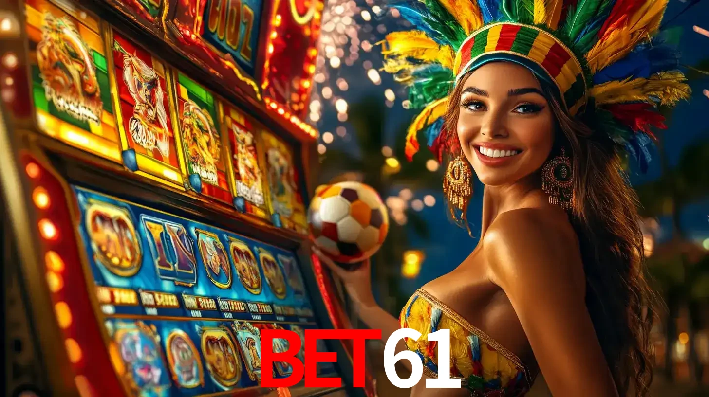 Mulher com um cocar de carnaval ao lado de uma máquina de caça-níqueis enquanto segura uma bola de futebol, mostrando a união da diversão de cassino e esportes no BET61.