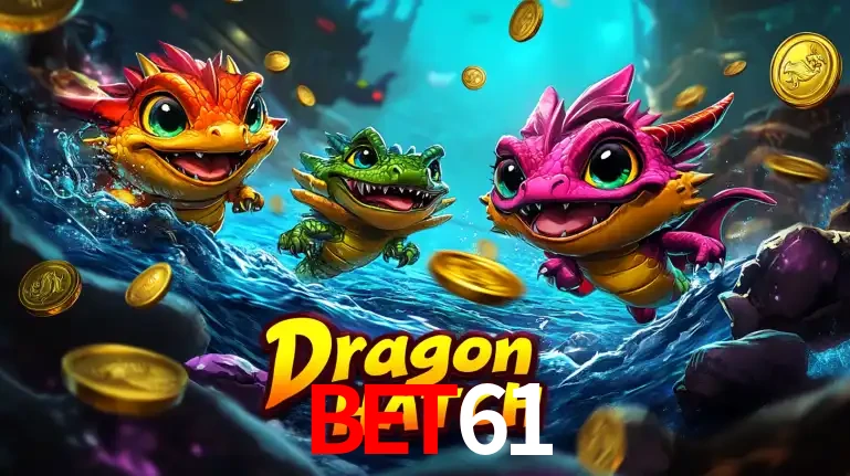Arte promocional do jogo Dragon Hatch com três adoráveis dragões bebês nadando entre moedas de ouro, um dos slots mais divertidos para jogar no cassino BET61.
