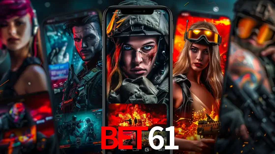 Montagem de telas de celular mostrando diversos personagens, masculinos e femininos, de um jogo de tiro, ilustrando a diversidade de equipes de e-sports para apostar no BET61.