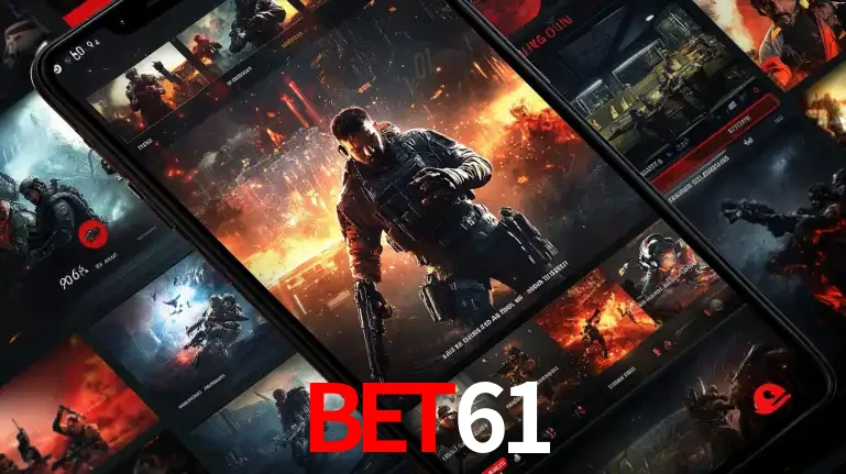 Tela de um celular exibindo uma galeria de jogos de tiro com temática militar, mostrando a variedade de e-sports disponíveis para apostas na plataforma de entretenimento BET61.