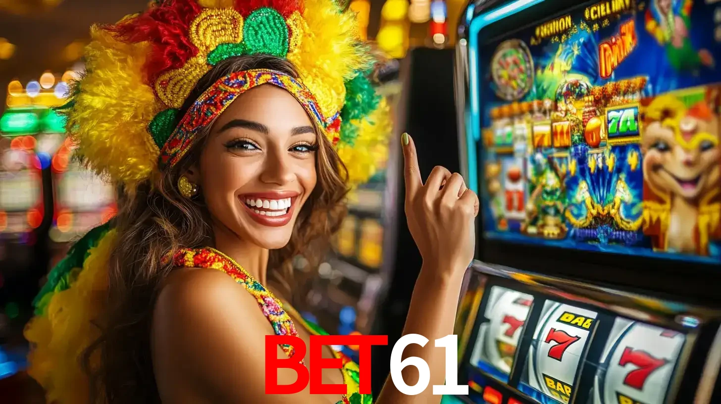 Mulher animada com um cocar de carnaval apontando para uma máquina de caça-níqueis, mostrando a emoção de ganhar um grande prêmio nos jogos do BET61.