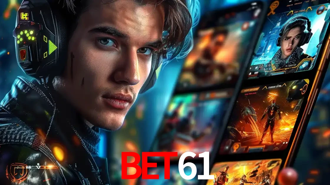 Jovem jogador com fones de ouvido olhando para a câmera, com um aplicativo de jogos e e-sports para celular ao fundo, pronto para a competição e apostas no BET61.