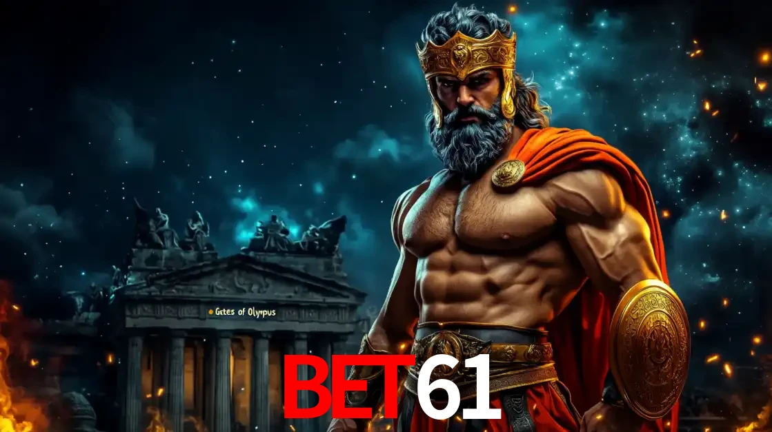 O poderoso Zeus do jogo de slot Gates of Olympus em frente ao seu templo, pronto para lançar multiplicadores divinos e prêmios épicos no cassino online BET61.