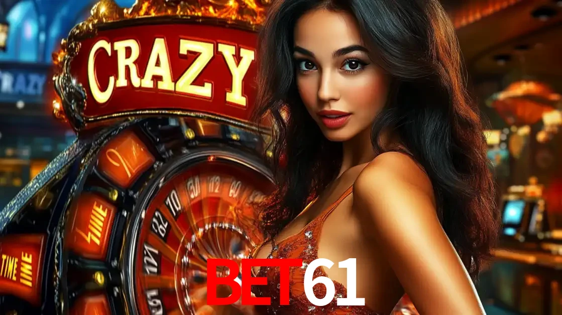 Mulher glamourosa olhando para a câmera com a roda vermelha do Crazy Time ao fundo em um ambiente de cassino, destacando a emoção dos jogos ao vivo no BET61.