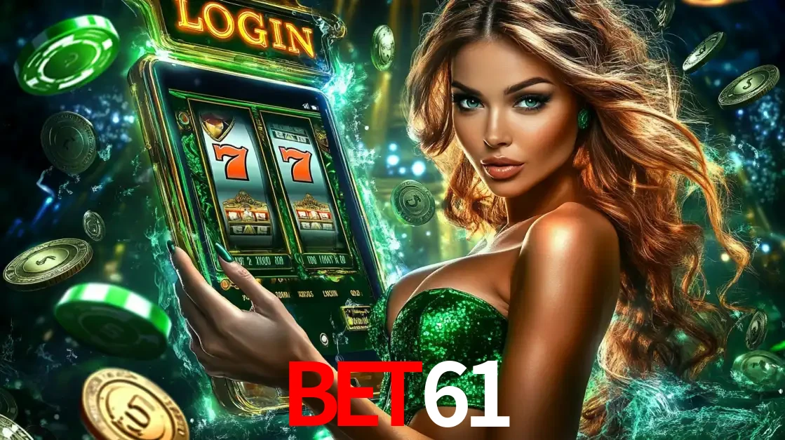 Mulher com tema verde apresentando o aplicativo do cassino BET61 com um jogo de slot de 777, cercada por fichas de cassino e uma aura de sorte.