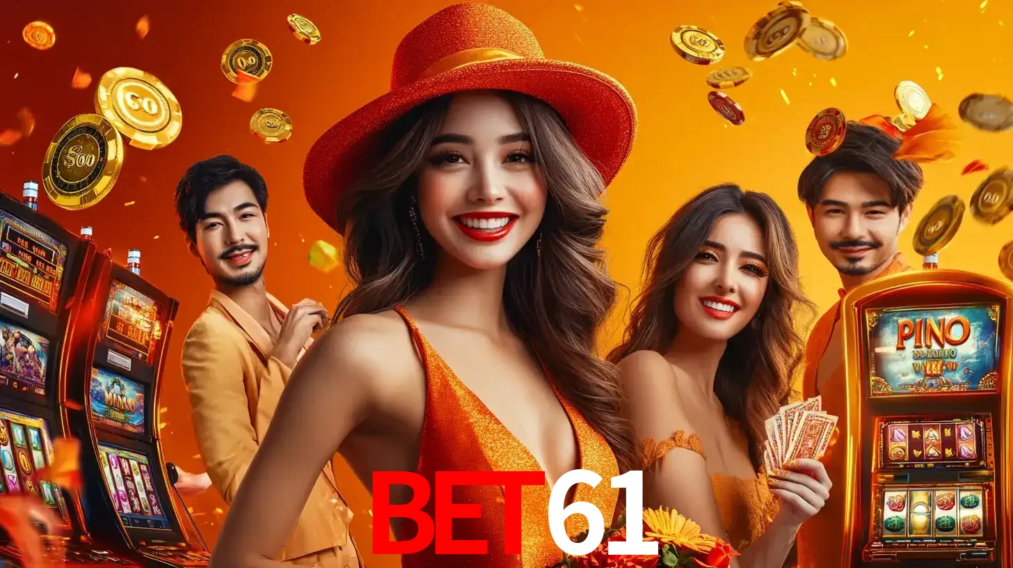 Grupo de amigos asiáticos sorrindo e se divertindo com máquinas de caça-níqueis em um ambiente festivo, celebrando suas vitórias nos jogos de cassino do BET61.