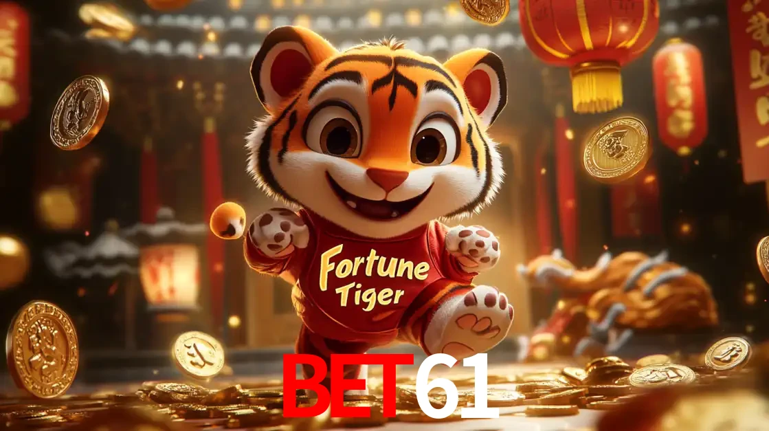 O alegre personagem do Fortune Tiger correndo sobre um caminho de moedas de ouro, simbolizando os grandes prêmios e a diversão do popular jogo de slot do BET61.