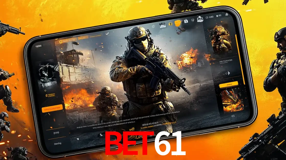 Um smartphone exibindo a interface de um jogo de tiro em primeira pessoa, com um soldado em um cenário de batalha, representando a ação dos e-sports para apostar no BET61.