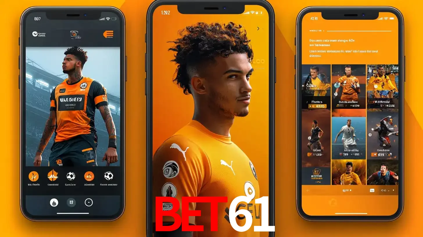 Interface do aplicativo de apostas esportivas BET61 em três telas de celular, mostrando o perfil de um jogador de futebol e a lista de jogos disponíveis para apostar.