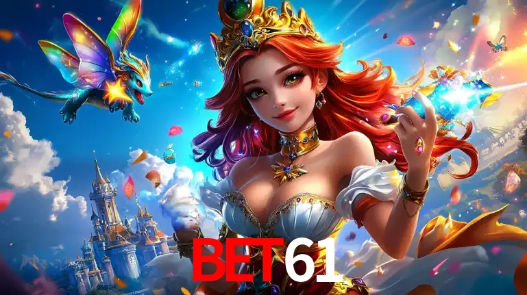 A princesa de um reino de fantasia mágico, com seu pequeno dragão, apresentando um mundo de prêmios encantados nos jogos de caça-níqueis do cassino BET61.