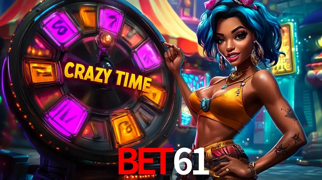Mulher estilizada com cabelo azul e visual vibrante posando ao lado da roda de prêmios do game show Crazy Time, convidando para a diversão e os bônus do cassino BET61.