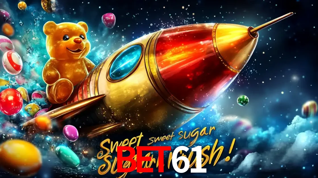 Arte promocional do jogo de slot Sugar Rush, com um urso de pelúcia em um foguete viajando pelo espaço de doces, um dos jogos divertidos disponíveis no cassino BET61.