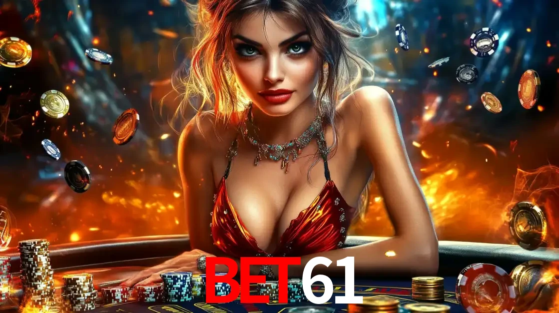 Mulher em uma mesa de cassino com pilhas de fichas e um fundo de fogo, pronta para uma rodada de altas apostas nos jogos de mesa emocionantes do cassino BET61.