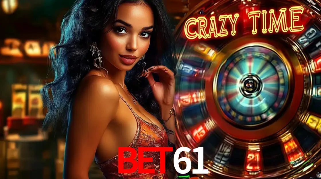 Mulher elegante ao lado da vibrante roda da fortuna do jogo de cassino ao vivo Crazy Time, um dos game shows mais populares e cheios de prêmios do BET61.