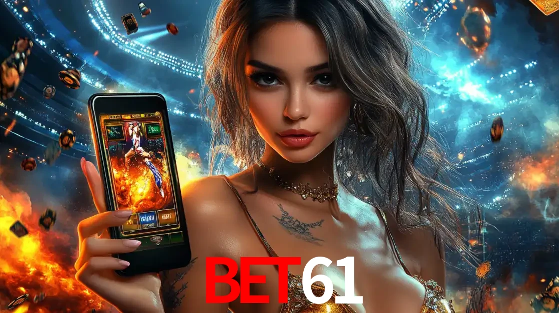 Mulher segurando um celular com um jogo de slot em destaque, tendo como fundo um estádio vibrante, simbolizando a emoção de jogar no cassino móvel BET61.
