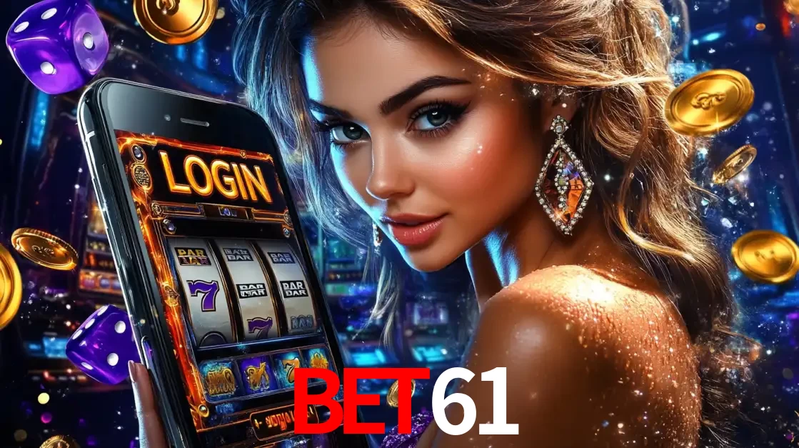 Mulher glamorosa segurando um smartphone com a tela de login para os jogos de caça-níqueis do cassino online BET61, com moedas de ouro e dados ao redor.